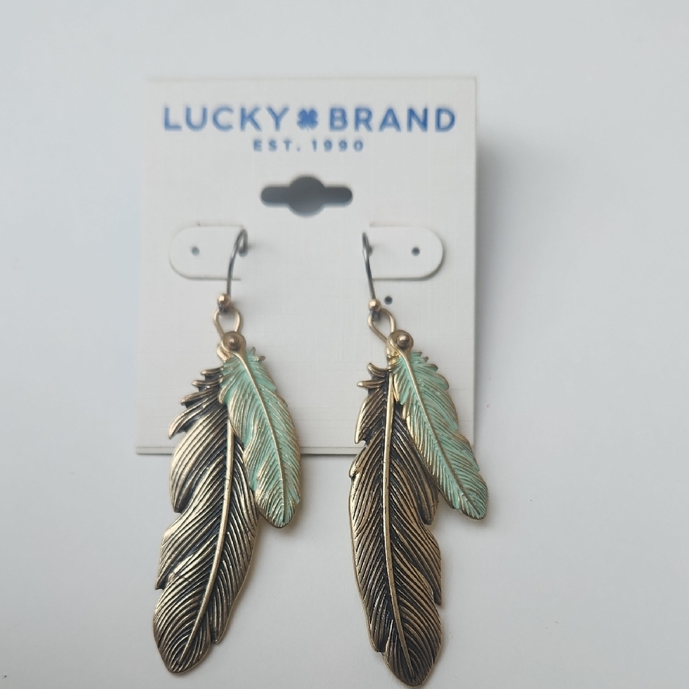 Lucky Brand Mint Green and Gold Layered Feather Earrings